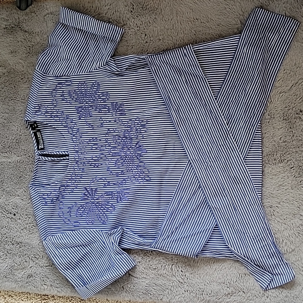 blue stripped, flower embroidered blouse with sash